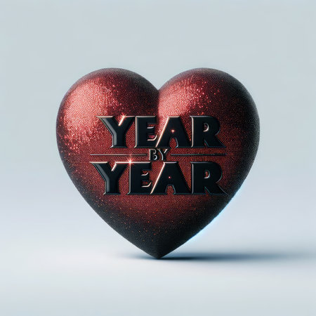 A captivating image featuring the words 'Year by Year' in sleek black font with a glossy finish, centrally positioned on a background showcasing a detailed, sparkling red heart. The heart glistens with a shimmering effect against a plain, light-colored backdrop, symbolizing the passage of time and enduring love.の素材