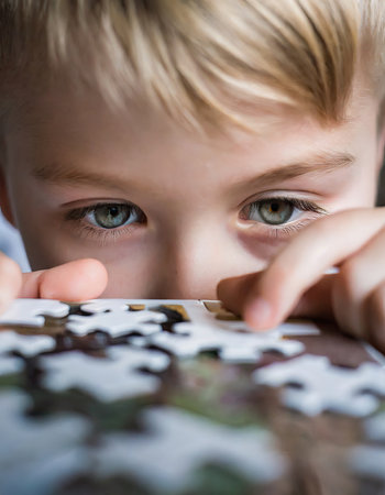 Capture the wonder of a young child as they focus on solving a puzzle, their bright eyes filled with curiosity and determination. This close-up image highlights the essence of childhood exploration and learning.の素材