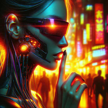 This image portrays a woman with a cybernetic implant and glasses in a neon-lit city. She is accessing a secret network or sending a covert message, while the city buzzes around her. The image conveys a sense of contrast, technology, and mystery.の素材