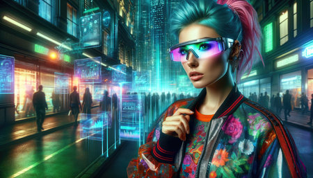 This image shows a woman in a futuristic city, wearing a colorful outfit and hair, and metallic glasses that display data and images. She is a tech-savvy and stylish person, who invites the viewer to join her in a virtual reality or network adventure. The image conveys a sense of contrast, curiosity, and innovation.の素材