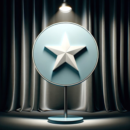 A blue sign with a white star shines brightly against a dark curtain. The sign represents excellence and achievement, while the spotlight draws attention and admiration. The image is elegant and versatile, ideal for various themes and contexts.の素材
