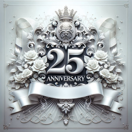 An opulent graphic marking a silver jubilee with a regal emblem, white roses, and filigree details, exuding grandeur and custom celebratory elegance.の素材