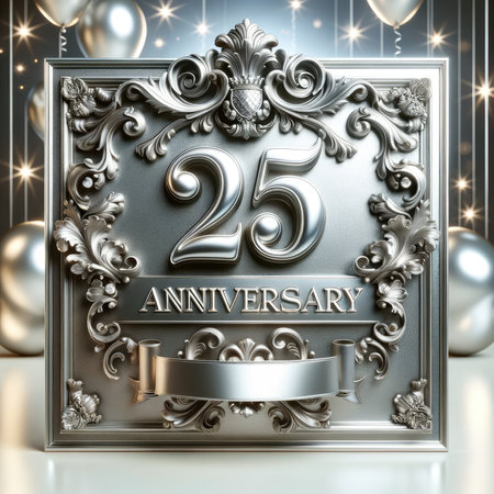 A sumptuous 25th anniversary plaque with baroque details, silver balloons, and space for a personal message, radiating sophistication and celebration.の素材