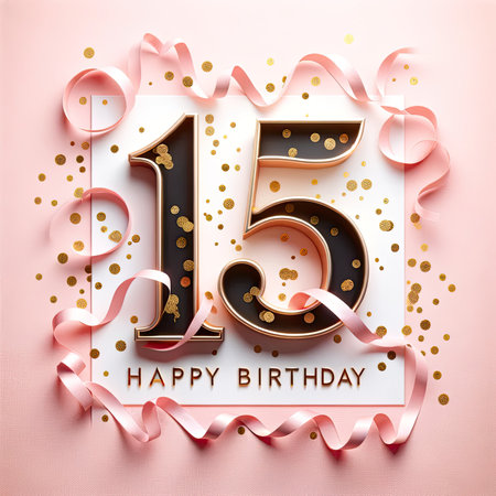 An elegant number 15 stands out against a pastel pink background, adorned with gold confetti and ribbons for a stylish birthday message.の素材