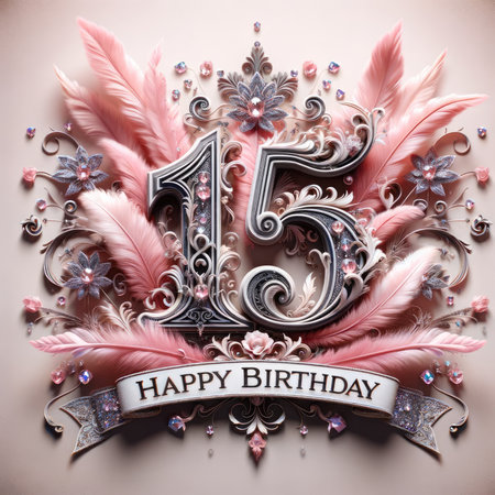 A lavish number '15' centerpiece, surrounded by plush pink feathers and glittering details, perfect for commemorating a special 15th birthday or event.の素材