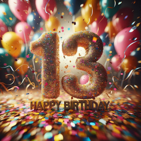 A dazzling number 13 takes center stage amidst a jubilant explosion of confetti and balloons, marking a vibrant celebration of a 13th birthday or milestone.の素材