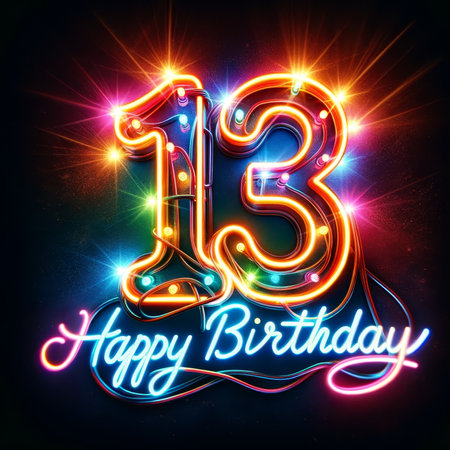 A neon-lit '13' blazes with radiant hues against a dark backdrop, paired with a flamboyant 'Happy Birthday' script, embodying a festive and electric celebration vibe.の素材