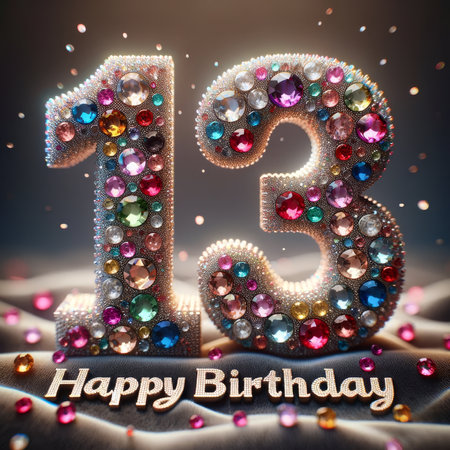 A dazzling display of colorful gemstones forms the number 13 on a plush velvet backdrop, symbolizing celebration, luxury, and a youthful spirit.の素材