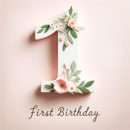 A whimsical '1' adorned with pink flowers and green leaves for a first birthday, set against a soft blush background with 'First Birthday' in gold script.の素材