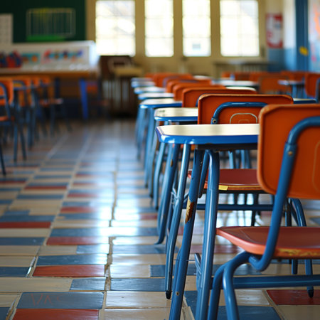 An empty, sunlit classroom awaits students, with colorful desks and a serene atmosphere, promising a nurturing educational experience.の素材