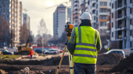 A focused surveyor utilizes a theodolite at a bustling construction site, delineating the future amidst rising urban structures.の素材