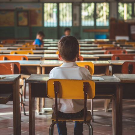 Solemn students in an almost empty classroom, embodying themes of education, absence, and contemplation.の素材