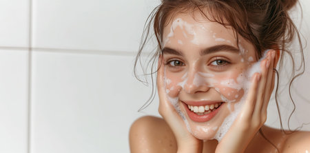 A radiant young woman enjoys a refreshing skincare routine, washing her face with a lush foaming cleanser in a bright, white bathroom.の素材