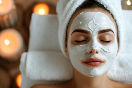 A serene woman enjoys a rejuvenating facial mask in a tranquil spa setting, embodying relaxation and skincare luxury.の素材