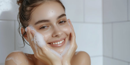 A radiant young woman enjoys a refreshing skincare routine, washing her face with a lush foaming cleanser in a bright, white bathroom.の素材