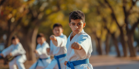 Vibrant outdoor karate practice by young Mexican students, showing dedication and cultural diversity in martial arts.の素材