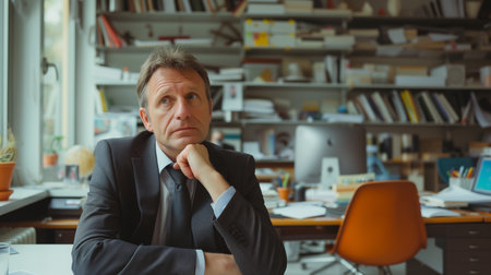 Business professionals caught in moments of reflection, surrounded by the creative chaos of their office spaces, showing the human side of corporate life.の素材