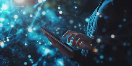 Innovative programmer interacting with a digital interface of global network data, symbolizing advanced big data management and internet connectivity.の素材