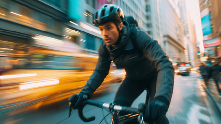 Urban cyclist in motion, blending speed with city life, capturing the essence of eco-friendly commuting.の素材