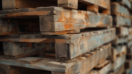 Stacked wooden pallets at a storage yard, highlighting the textures and patterns of wood and the utility of these essential components in logistics and warehousing.の素材