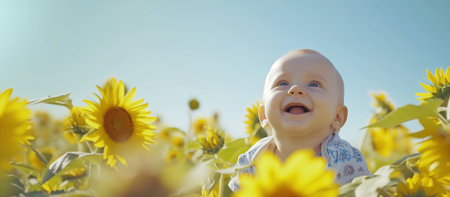 A joyful baby basks in the warm glow of a sunflower field, embodying the essence of summer and innocence.の素材
