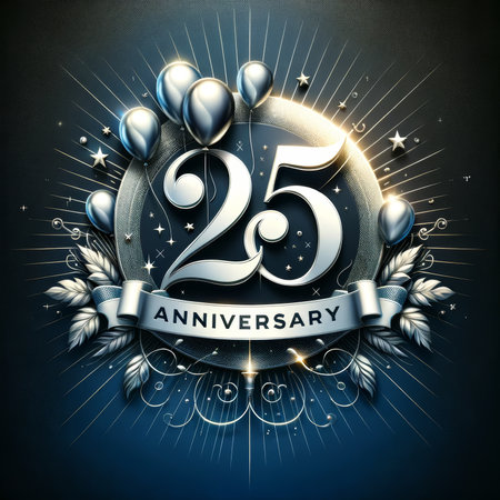 A silver 25th anniversary sign, adorned with balloons and stars on a dark background, reflects a sophisticated celebration.の素材