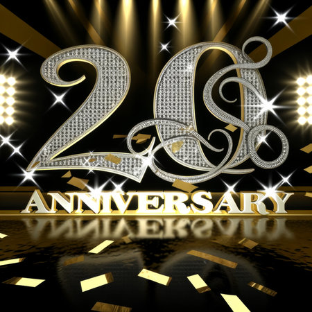 A radiant 20th-anniversary theme with sparkling diamonds and golden highlights under the spotlight.の素材