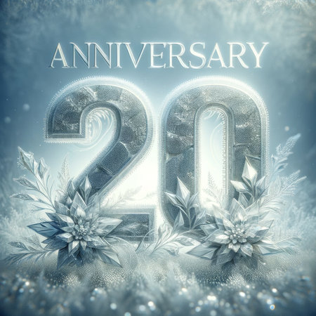 A winter-themed 20th-anniversary illustration, with icy numerals and frosty botanicals, evoking a sense of timeless elegance.の素材