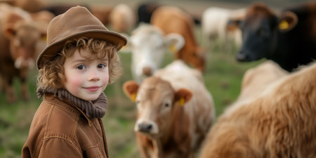 A young child in a vintage hat smiles gently amidst a herd of cattle, capturing the innocence of rural life.の素材