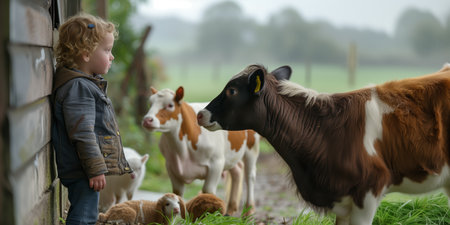 A curious child engaging with a diverse group of farm animals, embodying the wonder of agrarian life.の素材