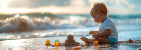 A young explorer plays with beach toys, crafting sandy structures on a vibrant beach.の素材