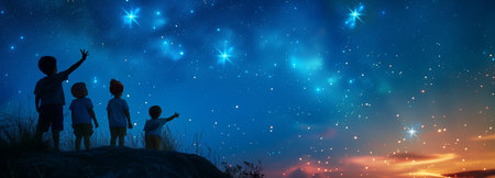 A group of kids reach for the stars, embracing the endless possibilities of the night sky, evoking inspiration and friendship.の素材