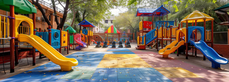 A serene and deserted playground awaits the rush of children, highlighted by the soft light of a tranquil morning.の素材