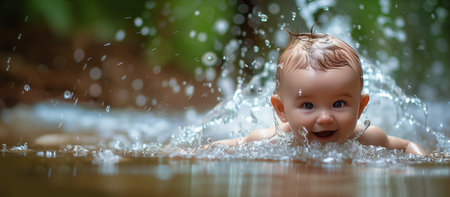 Infant's sheer glee is palpable amidst the gentle splash of rain, capturing a moment of pure bliss.の素材