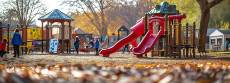 Autumn leaves scatter across a playground, where children clad in jackets savor play in the crisp air.の素材