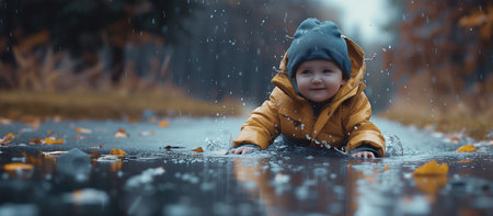 A toddler in a yellow raincoat revels in the autumn rain, amidst fallen leaves and gentle droplets.の素材