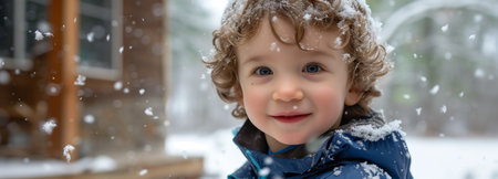 A joyful toddler experiences his first snowfall, curly hair dusted with snowflakes, against a cozy winter backdrop.の素材