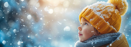 A child in a yellow hat stares at a winter's day, snowflakes catching in the soft glow of sunlight.の素材