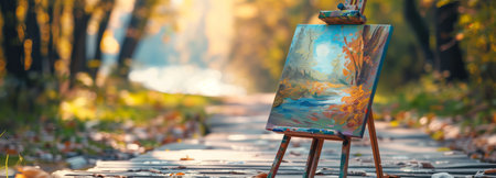 A vibrant painting on an easel stands out along a sunlit forest pathway, showcasing artistic expression in nature.の素材