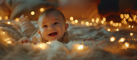 A baby's wonder is illuminated by a magical array of twinkling lights, creating a cozy, enchanting night-time scene.の素材