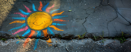 Colorful chalk drawing of a smiling sun radiates childhood whimsy on a cracked urban canvas.の素材