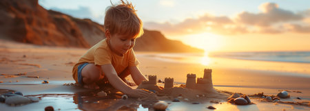 A young child enjoys a serene sunset while building sandcastles on the beach, immersed in imagination.の素材