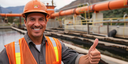 A smiling worker in safety gear gives a thumbs-up at a treatment facility.の素材