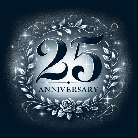A classic "25 Anniversary" emblem, surrounded by silver laurels and sparkles, signifies a dignified celebration of 25 years.の素材