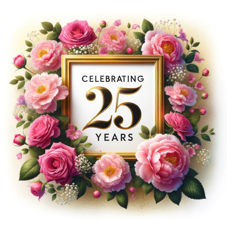 Lush peonies frame the golden "Celebrating 25 Years" sentiment, reflecting a luxurious and romantic 25-year journey.の素材