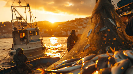 Fishermen haul a net teeming with the day's catch, as the setting sun casts a warm glow over the sea.の素材