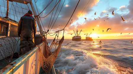 Fishermen work against a backdrop of a fiery sky, casting nets with a flock of seagulls circling above.の素材