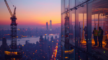 Workers inspecting high-rise progress at twilight, with city lights stretching into the distance.の素材