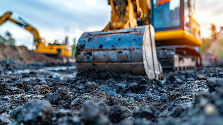 Detailed view of excavator tracks on a rugged construction landscape at dusk.の素材
