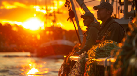 Fishermen engage in evening tasks on a boat bathed in sunset's amber light, with a reflection dancing on the calm sea.の素材